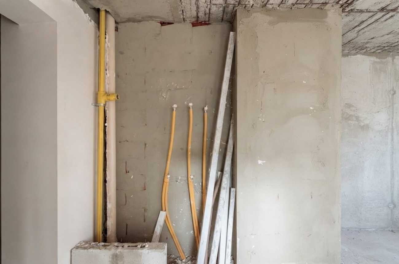 Tubulação de gás em obra predial com instalação técnica aparente