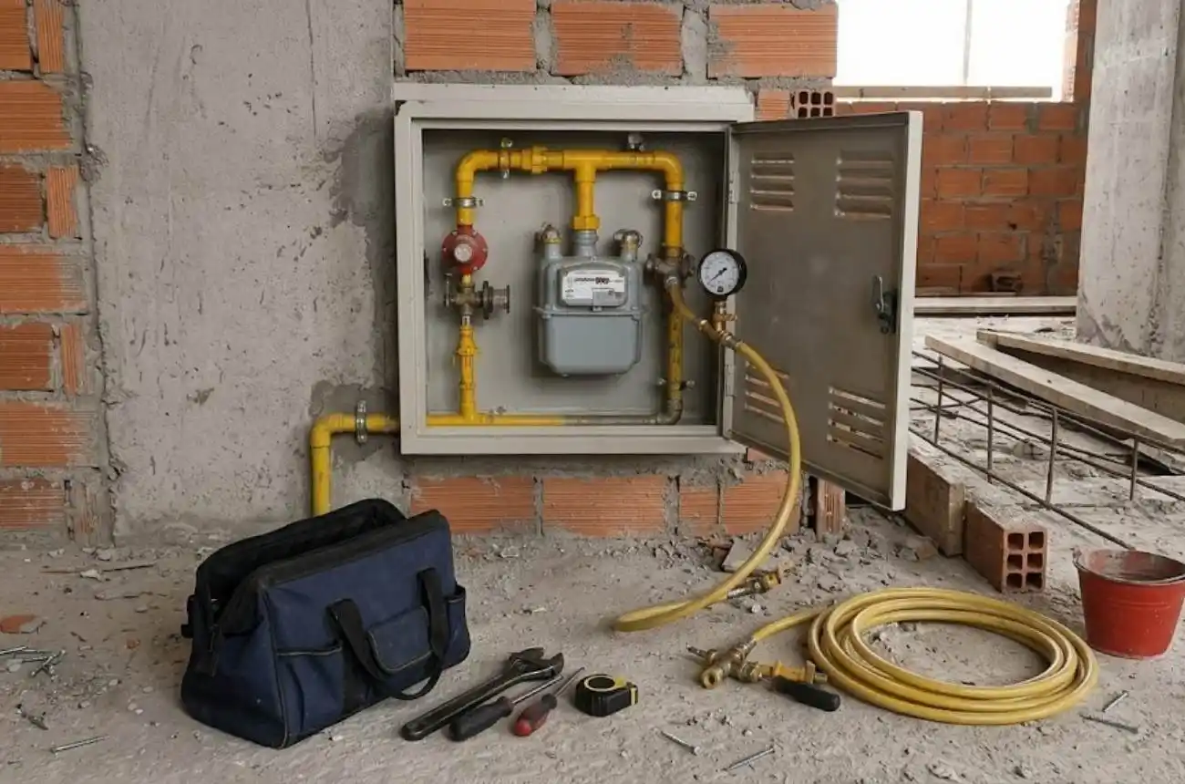 Central de medidores de gás preparada para teste de estanqueidade em condomínio.