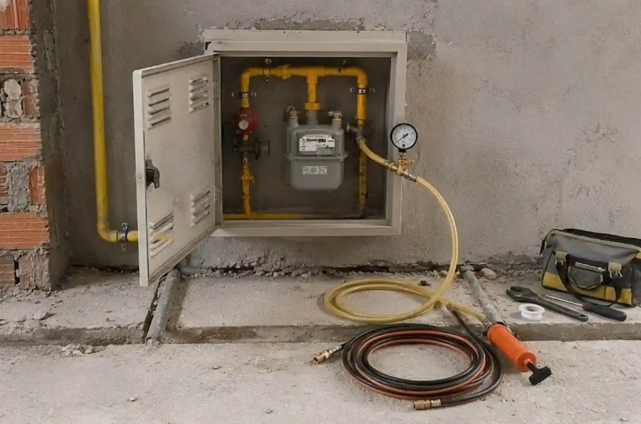 Rede de gás residencial preparada para teste de estanqueidade.