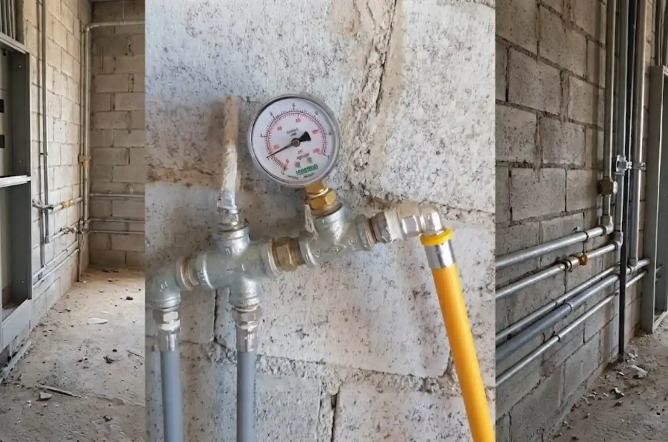 Central de medidores durante teste de estanqueidade em condomínio.