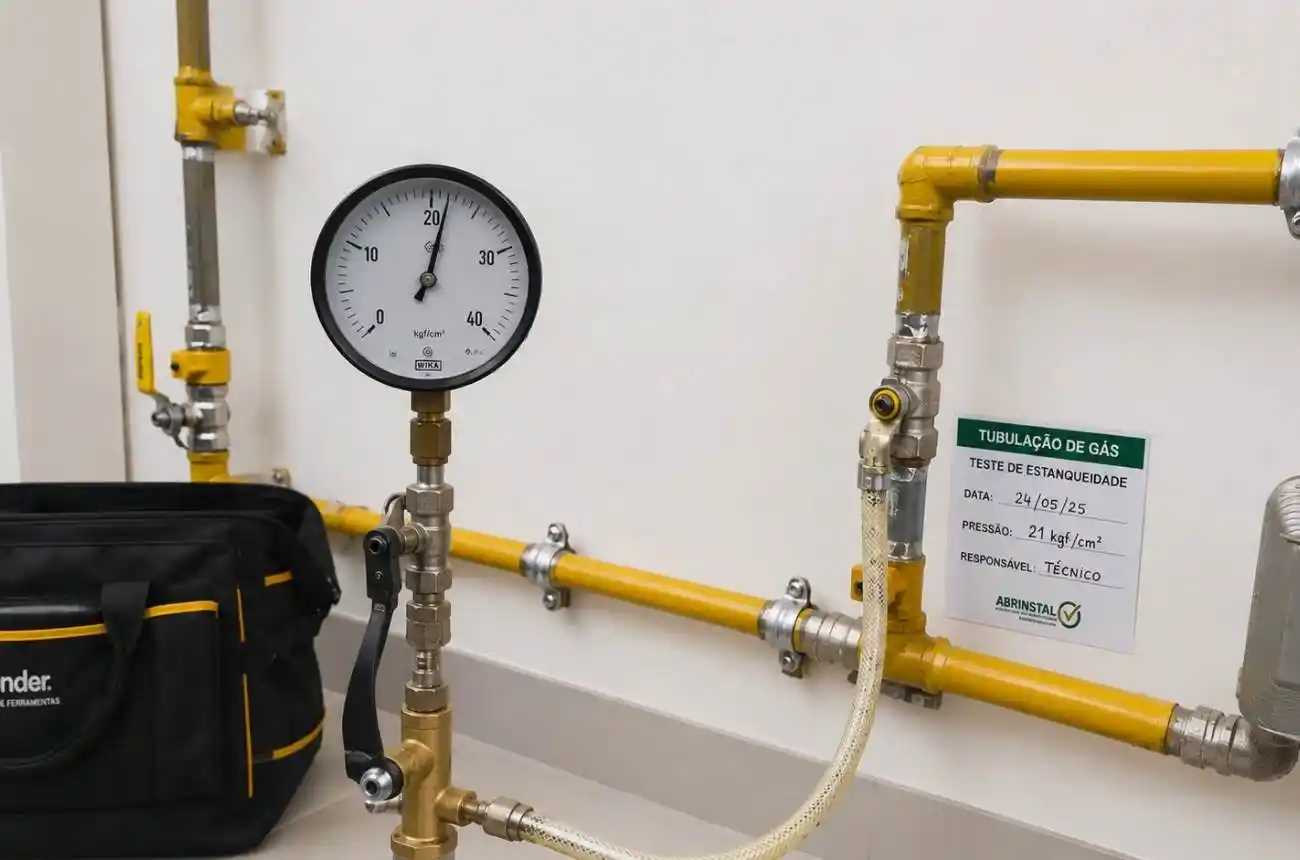 Tubulação de gás em obra pronta para teste de estanqueidade.