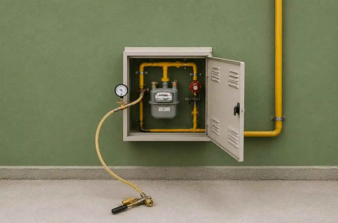 Instalação de aquecedor a gás após teste de estanqueidade da rede.